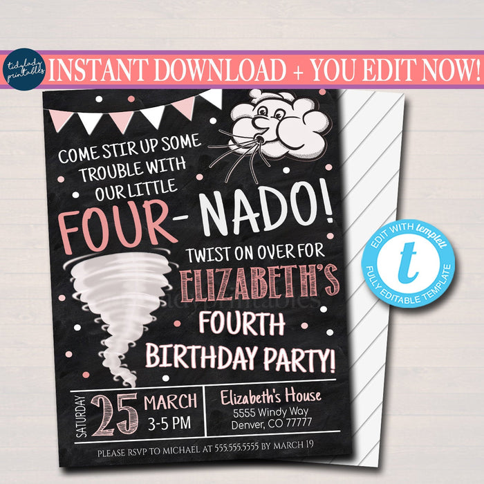 Tornado Birthday Party Invitation, Storm Chaser Fourth Birthday Four-nado Kids Party, Girls Twister Birthday Invite, DIY EDITABLE Template