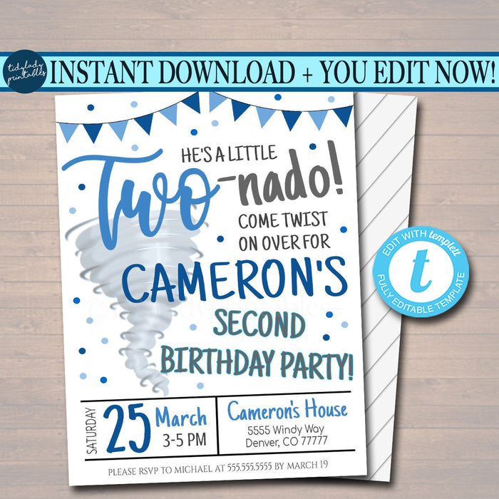 Tornado Birthday Party Invitation, Storm Chaser Second Birthday Two-nado Kids Party, Boys Twister Birthday Invite, DIY EDITABLE Template