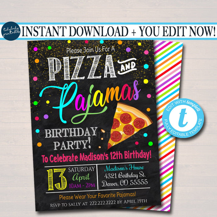 Pizza and Pajamas Party Invitation, Birthday Party Invite, Kid Girl Teen Tween sleepover Party Printable Digital Invite, EDITABLE TEMPLATE