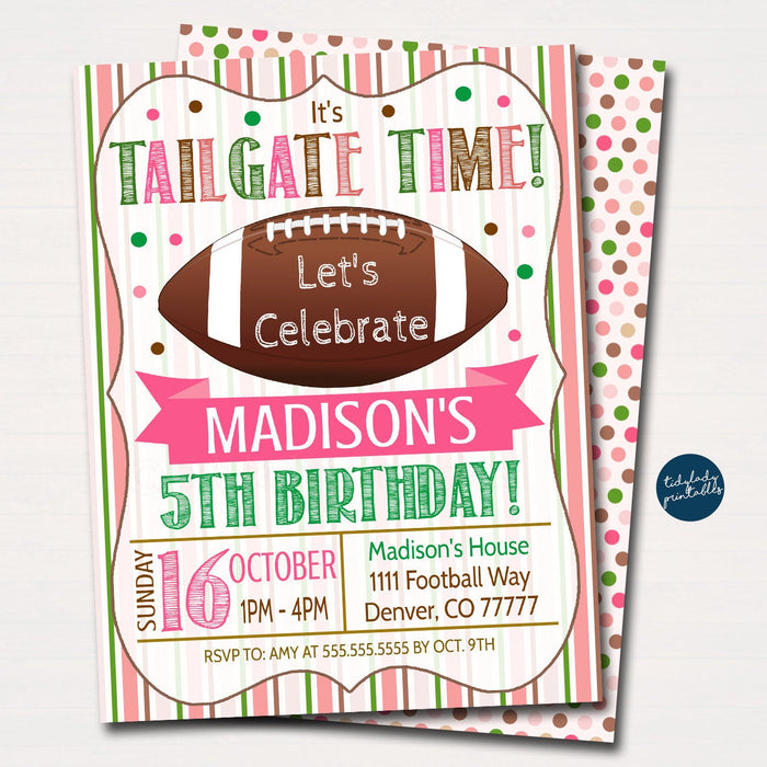 Girl Football Tailgate Birthday Invitation, Pink Powder Puff Fall Birthday Party invite, Football tailgate time Invite, EDITABLE TEMPLATE