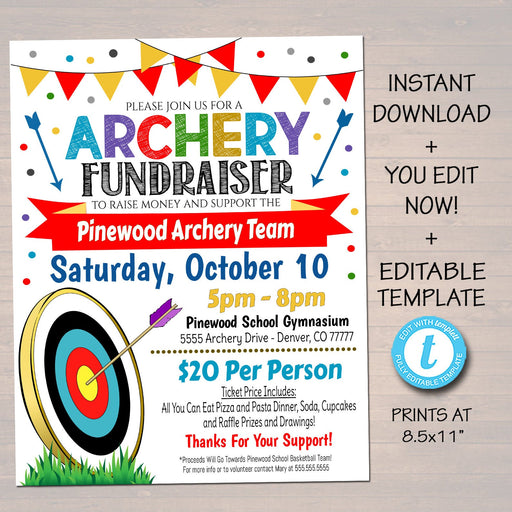 EDITABLE Archery Fundraiser Flyer, Printable PTA PTO Flyer, School Benefit Fundraiser Event, Poster Digital, Archery Tournament Party Invite