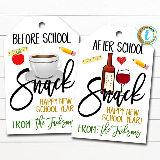 Teacher Gift Tag Set, Before School Snack & After School Snack Coffee Wine Gift Tags, Teacher Appreciation Thank You, DIY Editable Template