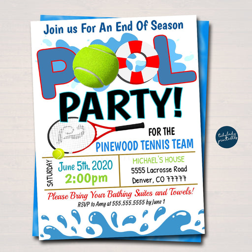 EDITABLE Summer Pool Tennis Party Invitation, Printable Invite, School Sports Tennis Team BBQ Party, Kids Pool Birthday, Digital Download