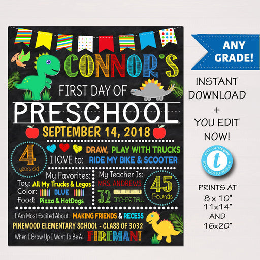 First Day Of School Dinosaur Sign, Back to School Chalkboard Poster, Boy Chalkboard Sign, Any Grade Sign 1st Day of School EDITABLE TEMPLATE