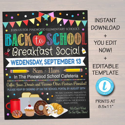 Back to School Breakfast Social Flyer PTO PTA Fundraiser Invite Meet the Teacher Staff Breakfast Invitation Printable Download Editable