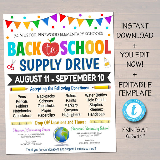 School Supply Drive Flyer Back to School Supply Drive PTO PTA School Fundraiser Back to School Invite Template Printable Download Editable