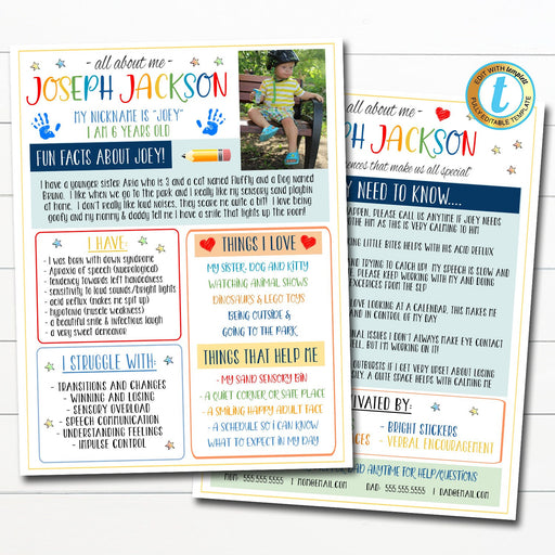 Back to School All About Me Child Info Template Teacher/Therapist/Substitute Special Needs, Autism, Speech Disorder, ADHD, EDITABLE TEMPLATE