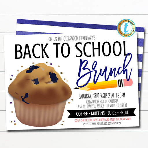 Back to School Brunch Invitation, Brunch, School Flyer, PTO PTA fundraiser, First Day of School Teacher Breakfast, DIY Editable template