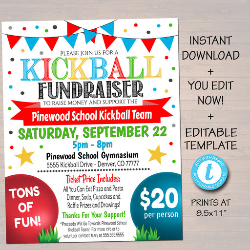 EDITABLE Kickball Fundraiser Flyer, Printable PTA PTO Flyer, School Benefit Fundraiser Event, Poster Digital, Kickball Banquet Party Invite