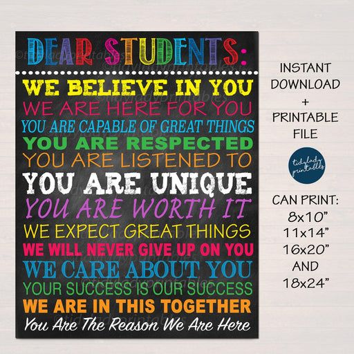 Dear Students Classroom Teacher Poster Sign, School Counselor Digital Art, School Social Worker, Principal Office Decor, INSTANT DOWNLOAD