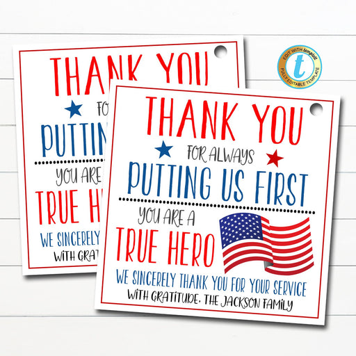 American Hero Appreciation Gift Tag, Thank You Gift Military Soldier First Responder, Police Patriotic Service Worker, DIY Editable Template
