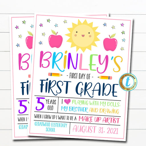 First Day Of School Sign, Editable First Day of Kindergarten, First Day of PreSchool Sign Chalkboard Instant Download Any Grade Template