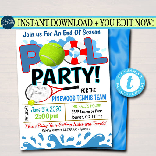 EDITABLE Summer Pool Tennis Party Invitation, Printable Invite, School Sports Tennis Team BBQ Party, Kids Pool Birthday, Digital Download
