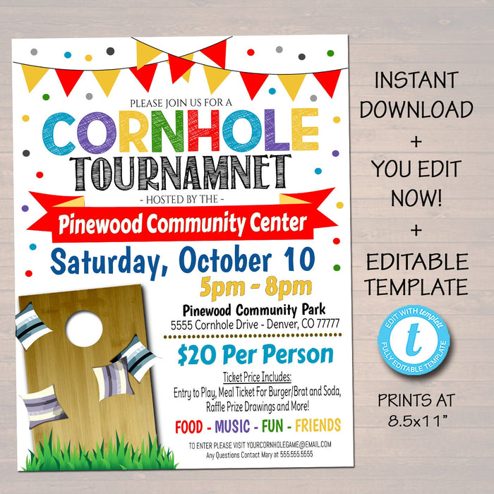 EDITABLE Cornhole Invite Flyer, Printable Business School Church Benefit Fundraiser Event Poster, Digital Summer Fall Backyard Party
