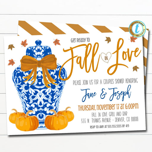 Fall in Love Autumn Bridal Couples Shower Invitation, Chinoiserie Chic, Wedding Orange Blue Ginger Jar Southern Preppy DIY Editable Template