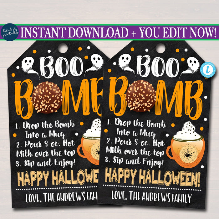 Halloween Gift Tag, Ghost Boo Bomb, hot chocolate cocoa bomb treat gift label, Trick or Treat Tag, Friend Classroom Gift, Editable Template