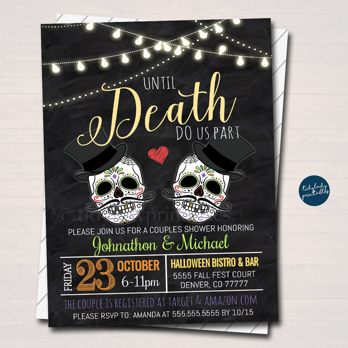 EDITABLE Halloween Men's Halloween Wedding Couples Shower Party Invitation, Male Skeleton invite, Death Do Us Part, lgbtq INSTANT DOWNLOAD