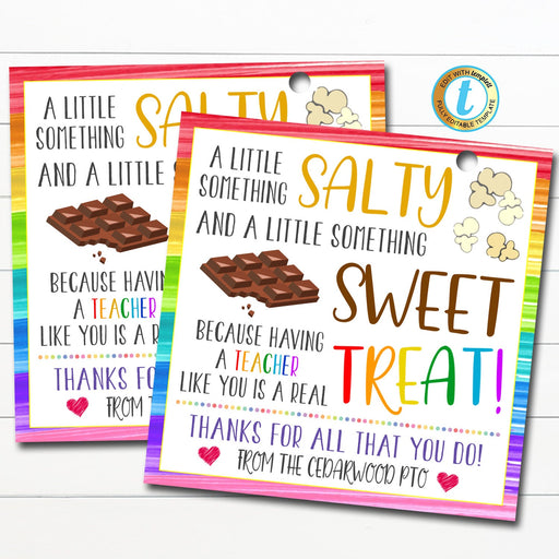 Chocolate Popcorn Gift Tag, Teacher Staff Employee School Appreciation Week Gift, Something Salty Sweet Treat Thank You, Editable Template