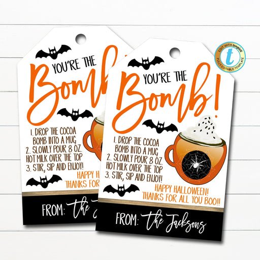Halloween Gift Tags, Hot Cocoa Bomb, Hot Chocolate Recipe Tag, Fall Autumn Teacher Staff Trick or Treat Label, DIY Editable Template