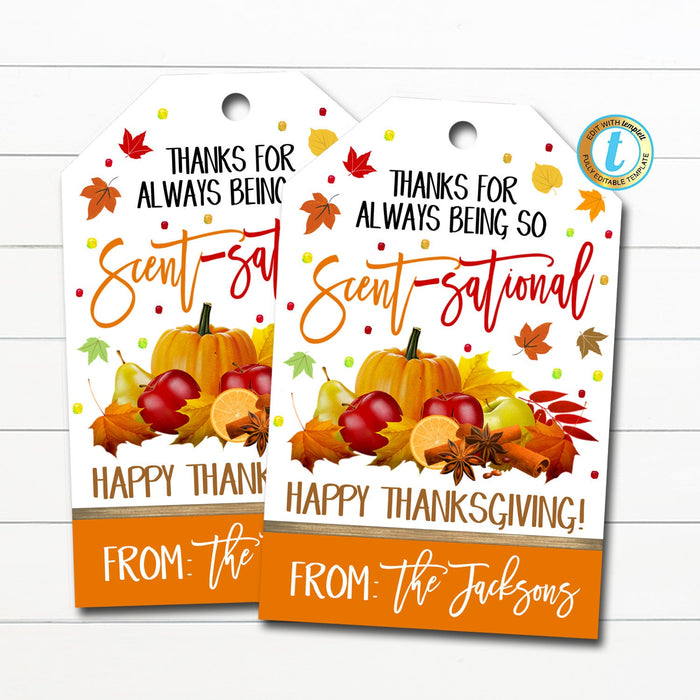 Fall Appreciation Gift Tags, Thanks for Being so Scent-sational, Lotion Soap Candle Gift Tag, Thanksgiving Teacher Staff, Editable Template