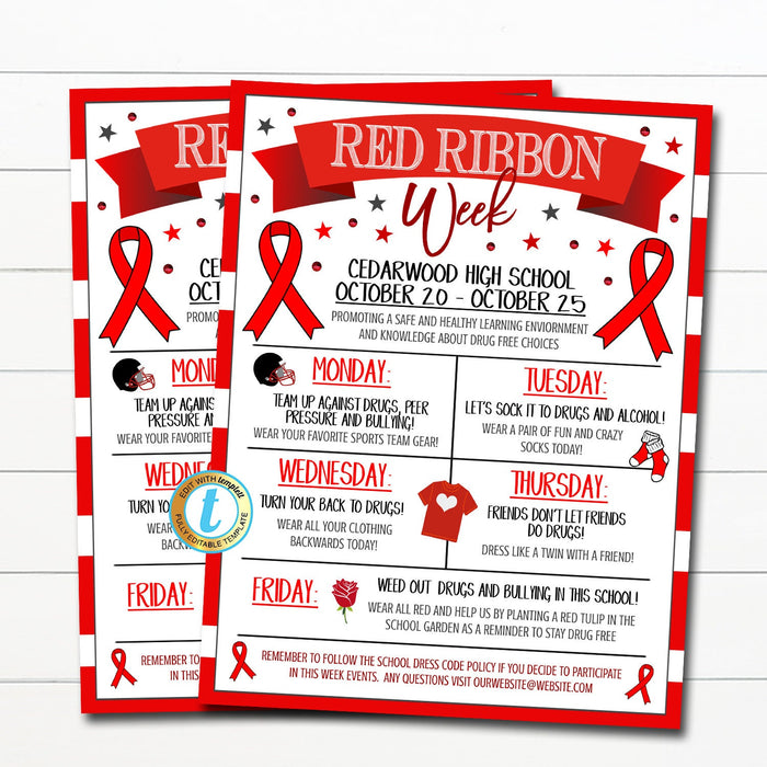 Red Ribbon Week Itinerary Flyer, Drug Free Schools, Printable Editable School PTO PTA Company Nonprofit Organization Schedule, DIY Template