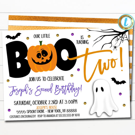 Halloween Birthday Invitation, Editable Kids Our Little Boo is Turning 2, Costume Birthday Halloween Party Printable, DIY EDITABLE TEMPLATE