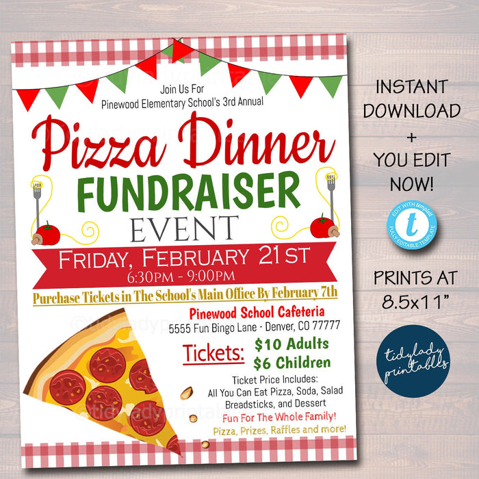 EDITABLE Pizza Dinner Fundraiser Flyer, pto pta, Church Community School Benefit Event, Italian Pizza Party Dinner Benefit, INSTANT DOWNLOAD