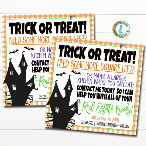 Halloween Realtor Gift Tags, No Tricks Just Treats Let's Find a Sweet Real Estate Deal, Fall Marketing Pop By Tag, DIY Editable Template