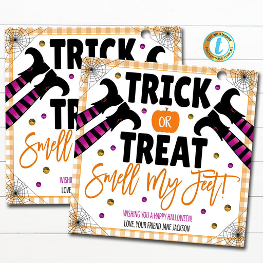 Halloween Gift Tags, Trick or Treat Smell My Feet, Fall Birthday Favor Tags, Halloween Trunk or Treat Party Tag, DIY Editable Template