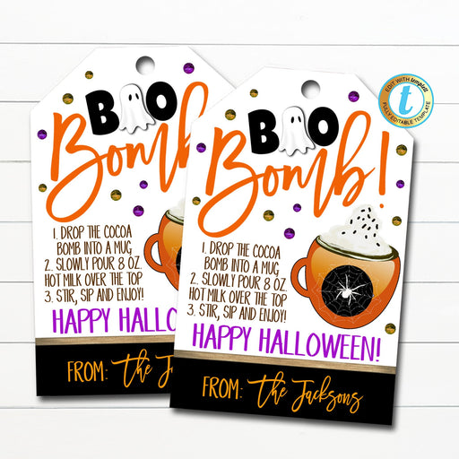 Halloween Gift Tags, Hot Cocoa Boo Bomb, Hot Chocolate Recipe Tag, Fall Autumn Teacher Staff Trick or Treat Label, DIY Editable Template