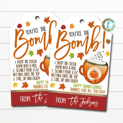 Fall Hot Cocoa Bomb Gift Tags, Hot Chocolate Recipe Tag, Cozy Fall Autumn Teacher Staff Employee Thank You Treat Tag, DIY Editable Template
