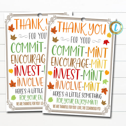 Fall Thank You Mint Tags, Volunteer Mint Labels, Thank You School pto pta Staff Employee Teacher Appreciation Gift, DIY Editable Template
