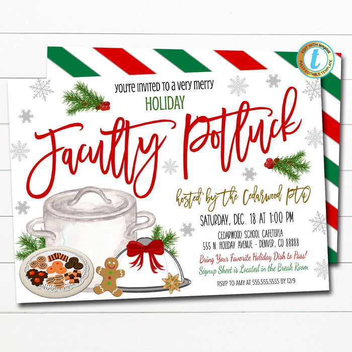 Holiday Faculty Potluck Invitation, Christmas Event Invite, School Teacher Staff, Company Work Xmas Party, Printable, DIY EDITABLE TEMPLATE