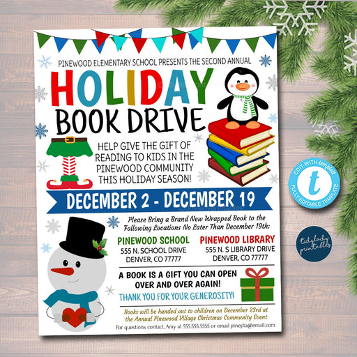 EDITABLE Holiday Book Drive Flyer, Printable PTA PTO Flyer School Church Xmas Fundraiser Poster Christmas Invite, Pto Pta Charity Invitation