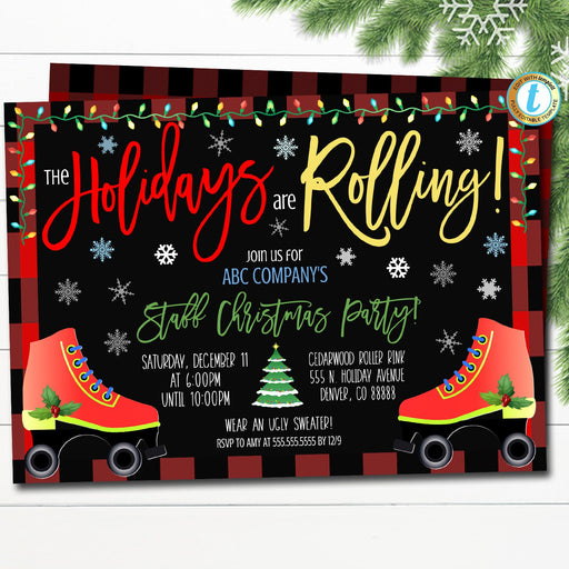 Christmas Roller Skating Party Invitation, Holiday Invite, Xmas Roller Skates Games Birthday Party, Work Staff Event, DIY Editable Template