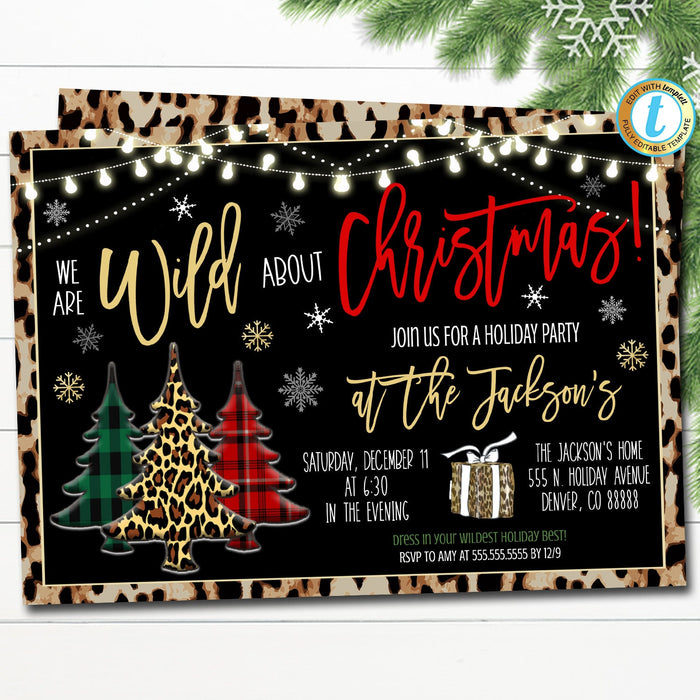 Wild About Christmas Party Invitation, Leopard and Buffalo Plaid, Invite Holiday Housewarming Adult Cocktail Party, DIY Editable Template