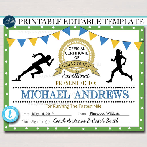 EDITABLE Cross Country Award Certificates, INSTANT DOWNLOAD, Track Awards, School Running Team Party Printable, Sports Runner Certificates