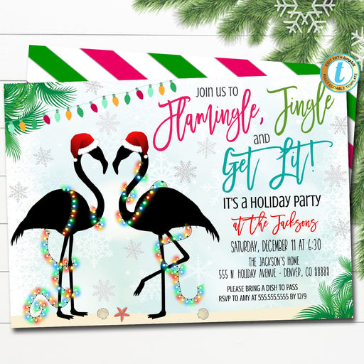 Christmas Invitation Flamingo Flamingle and Jingle Party, Tropical Beach Christmas in July Luau, Let's Get Lit Cocktails, EDITABLE TEMPLATE