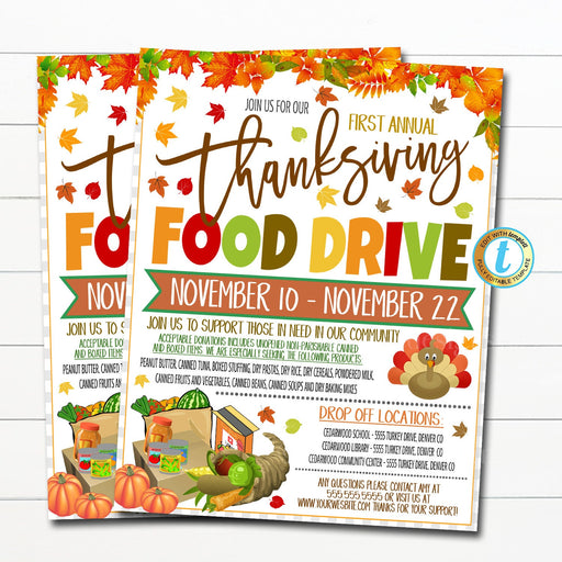 Thanksgiving Food Drive Flyer, Fall Food Drive, Autumn Food Drive, Hunger Drive Flier, Invitation Information Card Digital Flyer Editable
