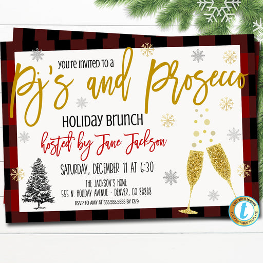 Pajamas & Prosecco Christmas Party Invitation, Bachelorette Holiday Brunch Plaid Invite, Cocktail Party, Template DIY Self-Editing Download