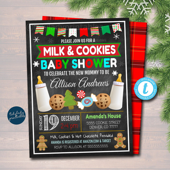 Christmas Milk and Cookies Baby Shower Invitation, Holiday Baby Sprinkle Invite, Holiday Milk & Cookies Decorating Party, Editable Template