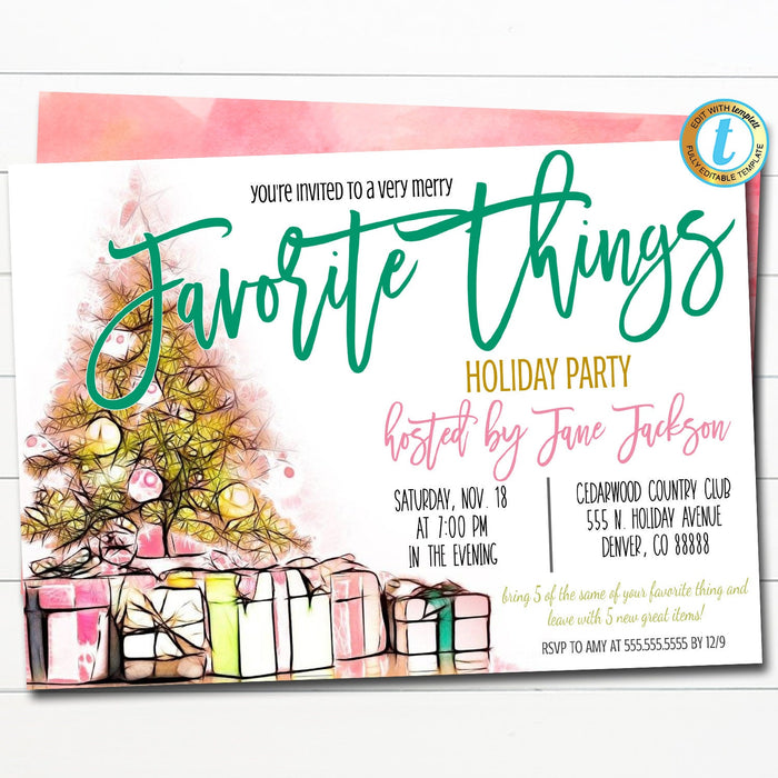 Favorite Things Christmas Party Invitation, Christmas Preppy Invite, Watercolor Gift Exchange Girls Holiday Party Editable Template Download