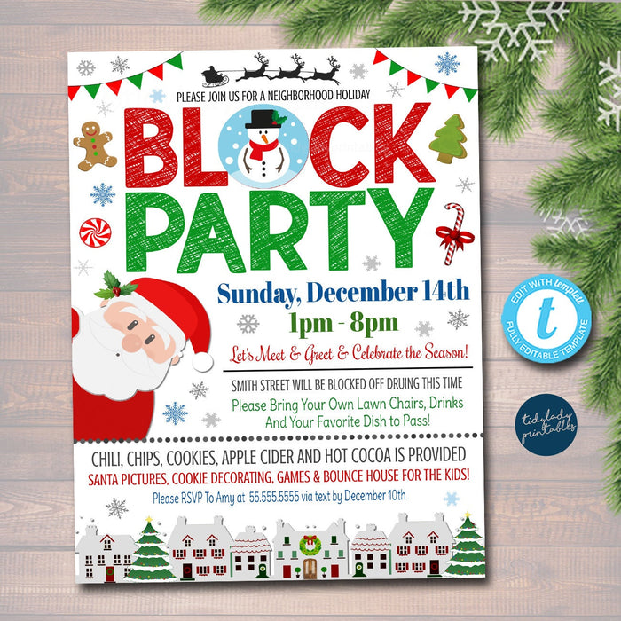 Christmas Block Party Invite Flyer, Editable Printable Holiday Festival Neighborhood Invitation, Round Robin Jingle and Mingle, DIY EDITABLE