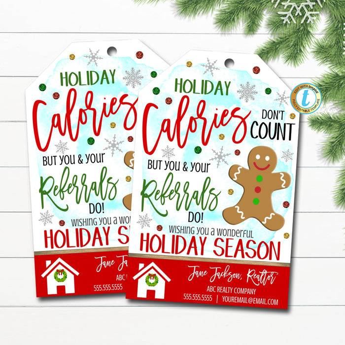 Christmas Realtor Pop By Gift Tags, Holiday Calories Don't Count But Your Referrals Do, Candy Chocolate Cookie Treat Tag, Editable Template