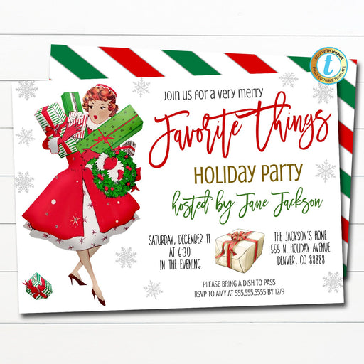 Favorite Things Christmas Party Invitation, Retro Vintage Christmas Invite Girl with Presents Holiday Gift Exchange Party, Editable Template