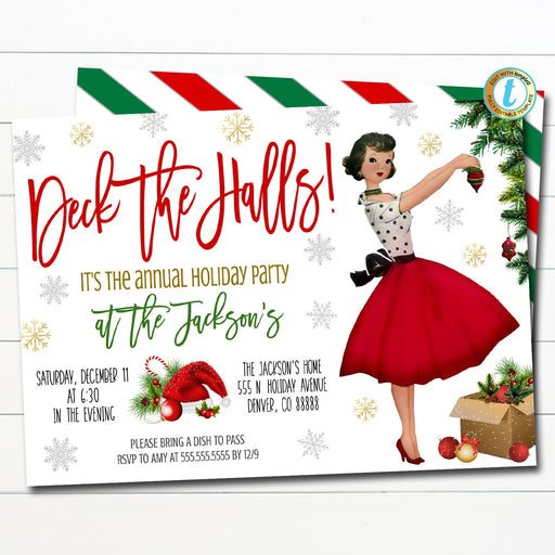 Retro Christmas Party Invitation Vintage Holiday, Mid Century Modern Xmas Deck the Halls Housewarming Open House Party, Editable Template