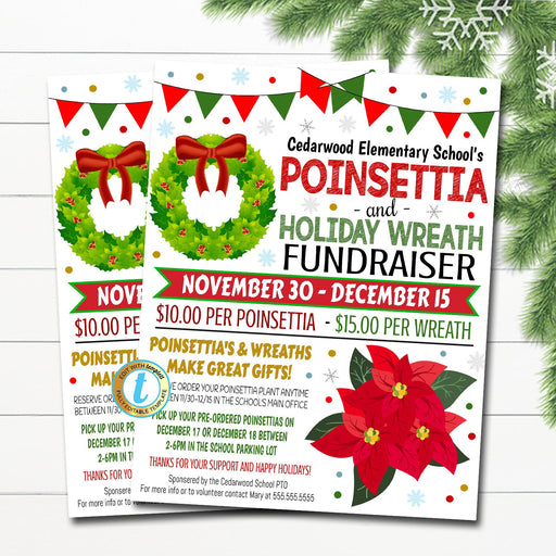Poinsettia and Holiday Wreath Fundraiser Flyer, Christmas School Church Pto Pta, Holiday Plant Flower Sale, Xmas Shopping, EDITABLE TEMPLATE