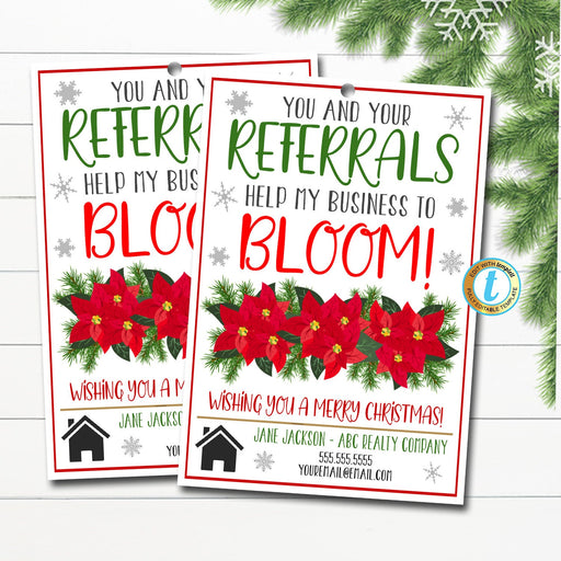 Poinsettia Christmas Realtor Pop By Gift Tags, Your Referrals Help My Business Bloom, Holiday Marketing Floral Plant Tag, Editable Template