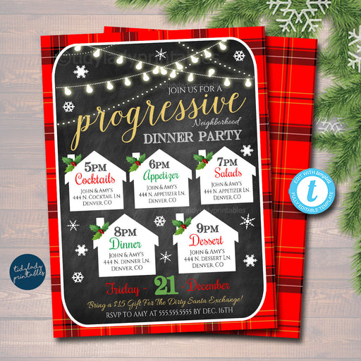 Editable Holiday Progressive Dinner Party Invitation, Christmas Potluck Party Invite Chalkboard Printable, Xmas Round Robin INSTANT DOWNLOAD
