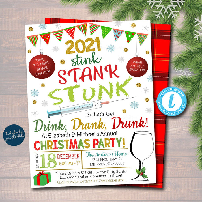 EDITABLE Funny Christmas Cocktail Party Invitation - 2021 Stink, Stank, Stunk - Christmas Party Invite, Adult Holiday Party INSTANT DOWNLOAD